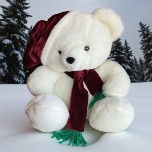 Fiesta White Teddy Bear with Burgundy Hat and Scarf